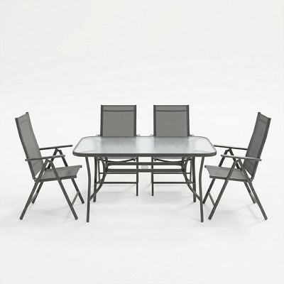 Set dining exterior Ensure Candor, 5 piese, Antracit, metal si sticla, 120x70x70 cm, vedere frontală, metal, stofă, sticlă, pentru living sau bucătărie