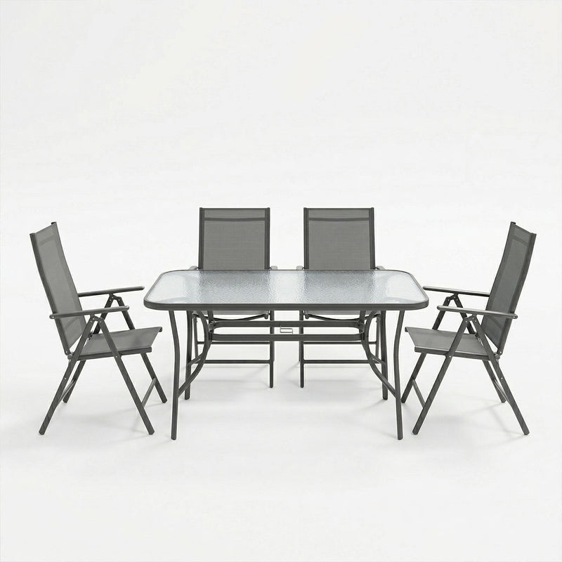 Set dining exterior Ensure Candor, 5 piese, Antracit, metal si sticla, 120x70x70 cm, vedere frontală, metal, stofă, sticlă, pentru living sau bucătărie