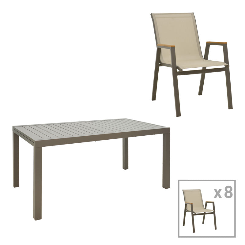 mobilier de gradina Set dining Lafla-Azelie, 9 piese, Sampanie-Natural, 160-240x100x75 cm