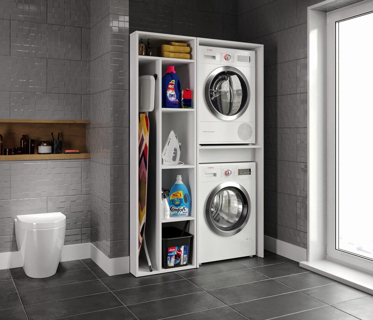 Set Dulap Baie pentru Masina de spalat, uscator si masa de calcat, Miranda , Alb, 71x194x69 - 54 x 194 x 52 cm