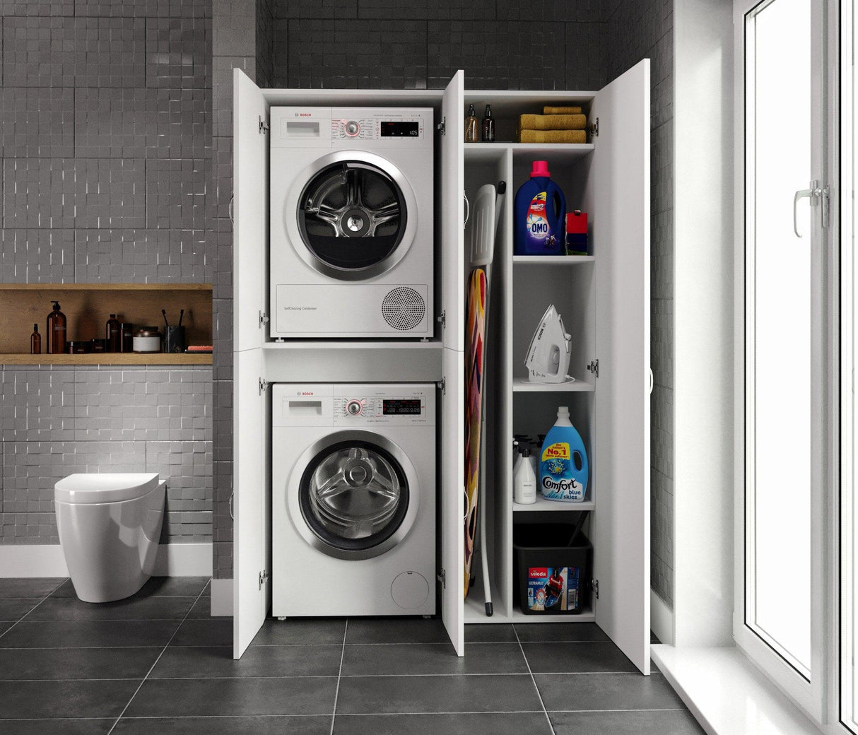 Set Dulap Baie pentru Masina de spalat, uscator si masa de calcat, Miranda , Alb, 71x194x69 - 54 x 194 x 52 cm