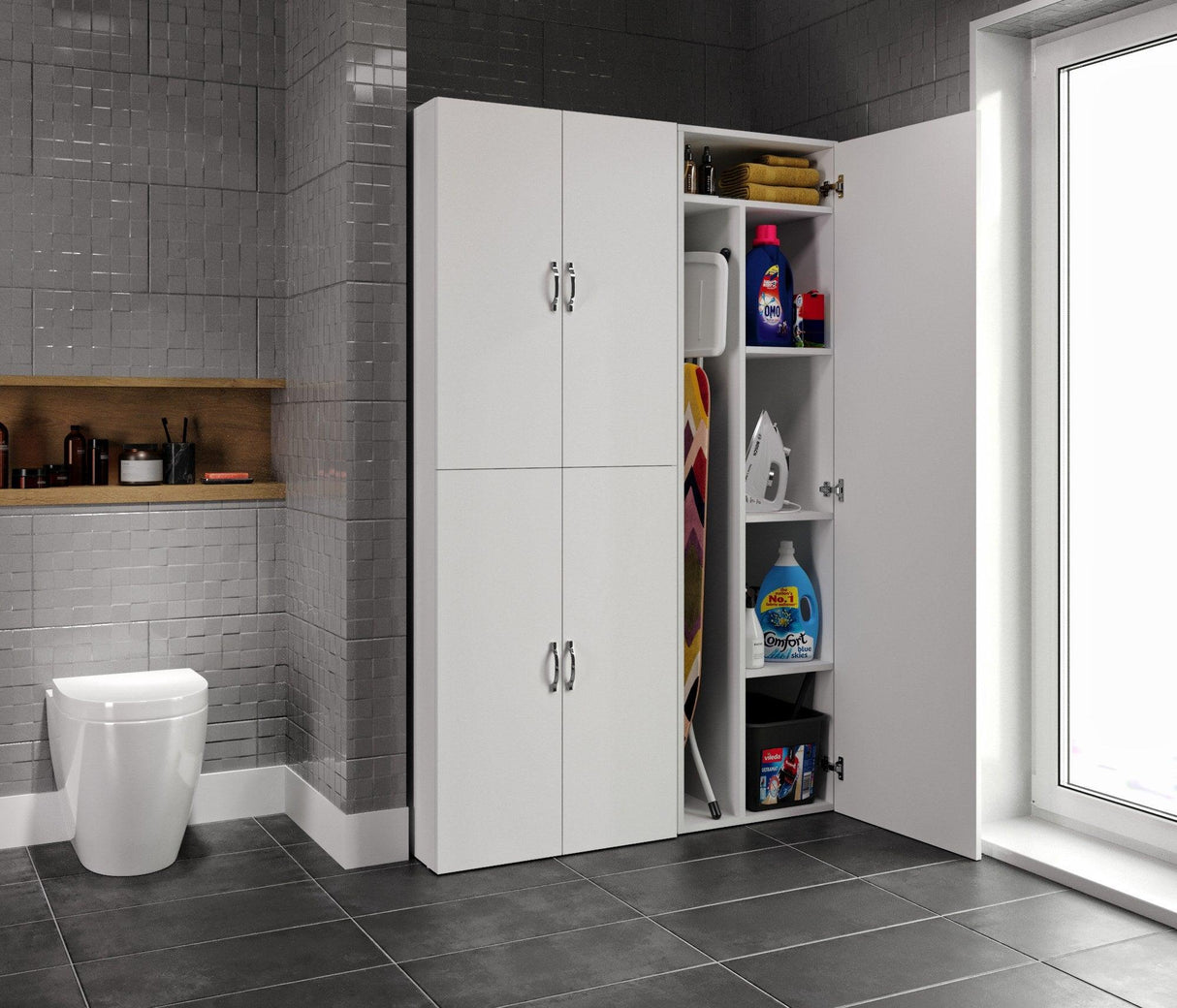 Set Dulap Baie pentru Masina de spalat, uscator si masa de calcat, Miranda , Alb, 71x194x69 - 54 x 194 x 52 cm