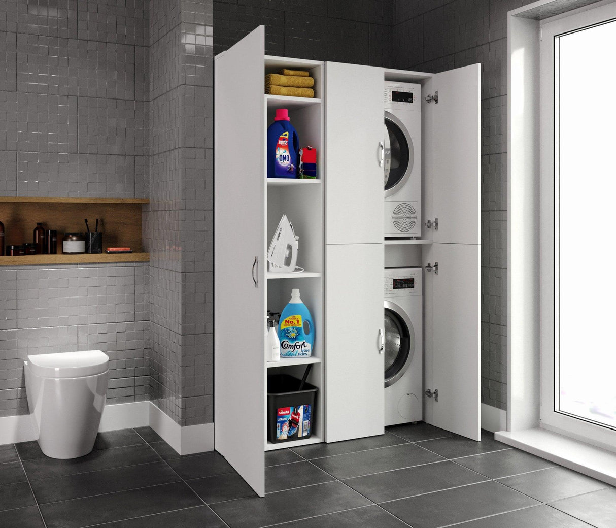 Set Dulap Baie pentru Masina de spalat, uscator si masa de calcat, Miranda , Alb, 71x194x69 - 54 x 194 x 52 cm