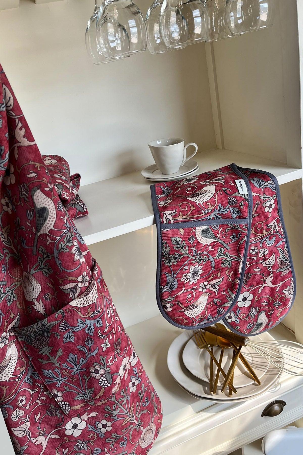 Set Manusi Cuptor (2 Pieces) Burgundy Flower, Rosu bordo, 18x2x86 cm