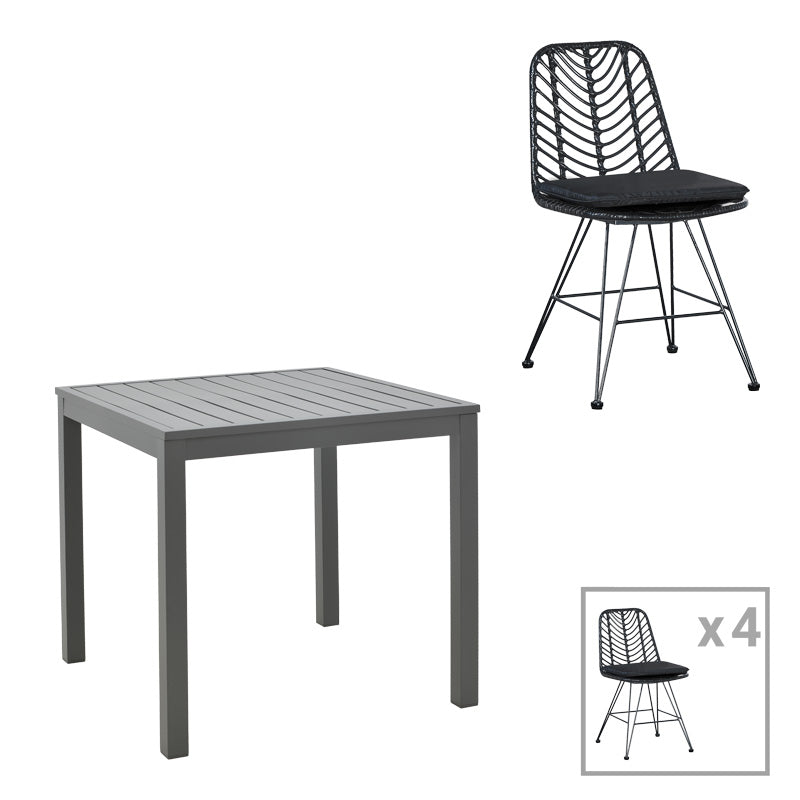 mobilier de gradina Set Masa Dining cu 4 Scaune Kliton-Naoki, Aluminiu și metal, 80x80x74 cm, Închis Antracit Negru