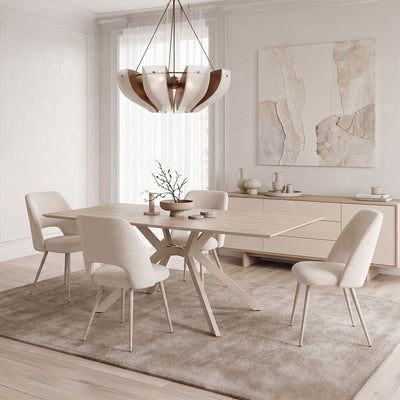 Set masa si 4 scaune Olven-Nelda, Piatra sinterizata si catifea, Crem-Travertin, 180x90x75 cm