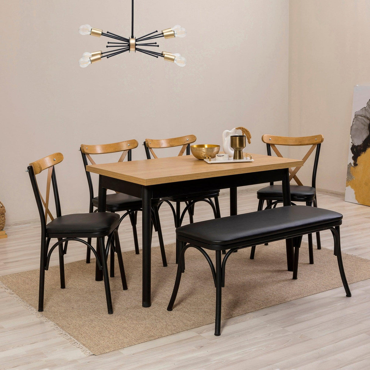 Set masă și scaune (6 bucăți) OLİVER SBT.WHİTE-KARİNA-WHİTE Table & Chairs Set 2, Negru, 77x75x120 cm