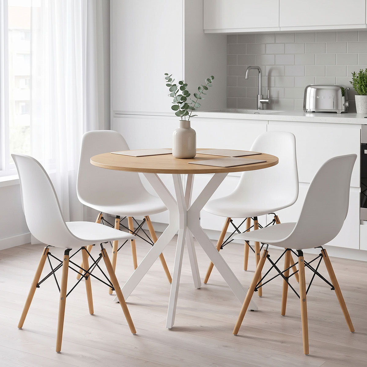 Set masa si scaune Dining, Alb, D80x75 cm