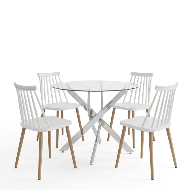 Set masa si scaune Dining, Sticla, Alb, D100x75 cm, imagine ambient