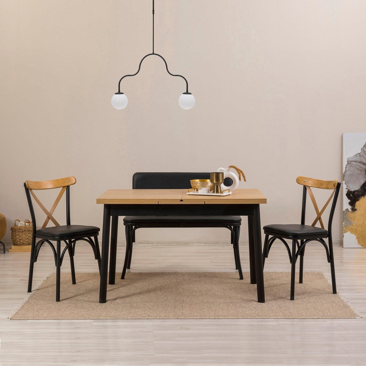 Set masă și scaune extensibile (4 bucăți) OLİVER SBT WHİTE KARİNA-Table & Chairs Set 11, Negru, 77x75x120 cm