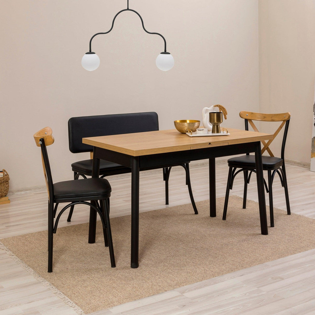 Set masă și scaune extensibile (4 bucăți) OLİVER SBT WHİTE KARİNA-Table & Chairs Set 11, Negru, 77x75x120 cm