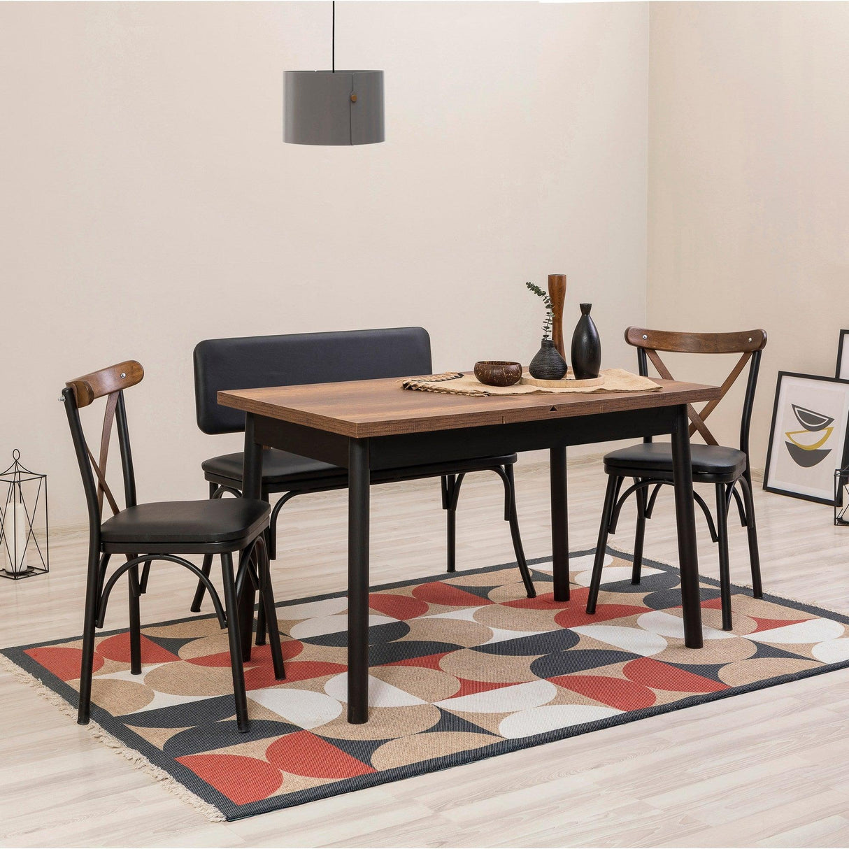 Set masă și scaune extensibile (4 bucăți) OLİVER SBT WHİTE KARİNA-Table & Chairs Set 6, Negru, 77x75x120 cm