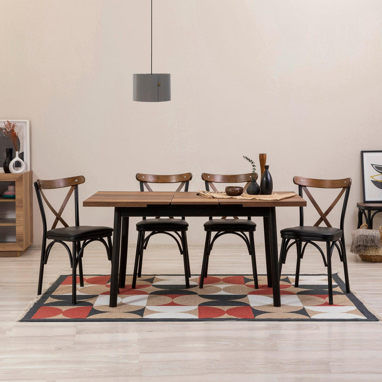 Set masă și scaune extensibile (5 bucăți) OLİVER SBT WHİTE KARİNA-Table & Chairs Set 5, Negru, 77x75x120 cm