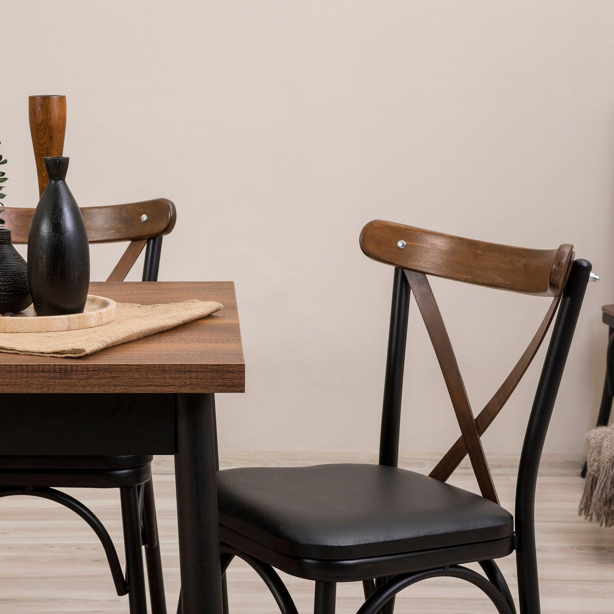 Set masă și scaune extensibile (5 bucăți) OLİVER SBT WHİTE KARİNA-Table & Chairs Set 5, Negru, 77x75x120 cm