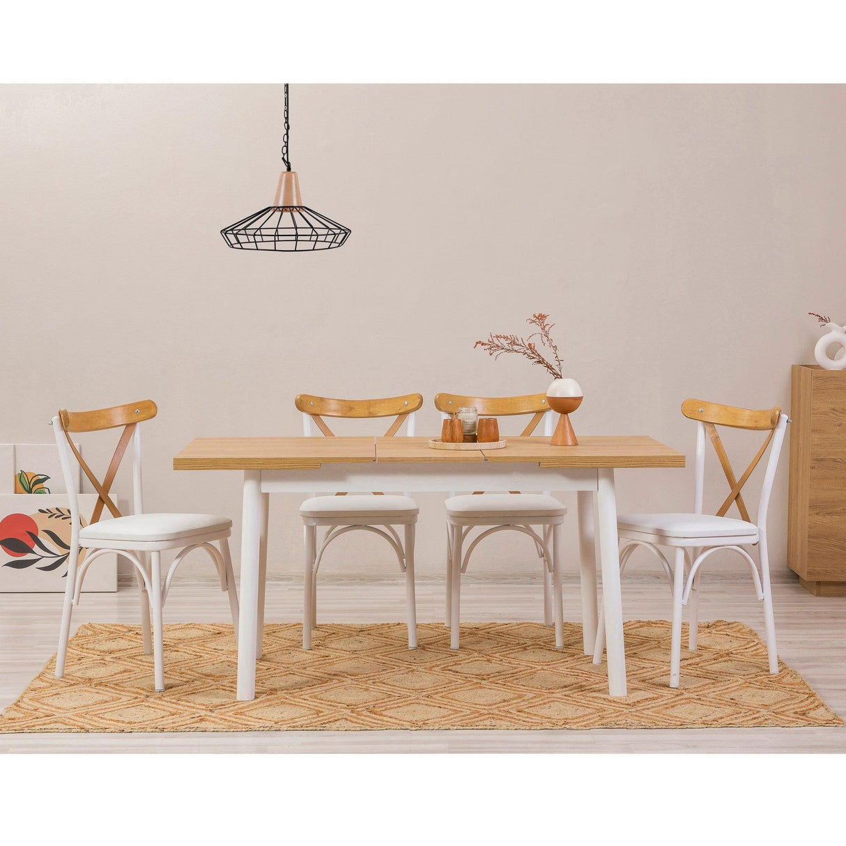 Set masă și scaune extensibile (5 bucăți) OLİVER SBT WHİTE KARİNA-Table & Chairs Set 7, Alb, 77x75x120 cm