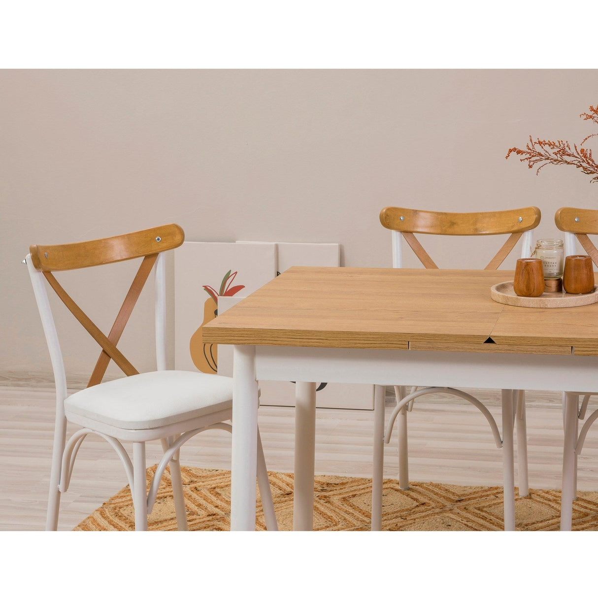 Set masă și scaune extensibile (5 bucăți) OLİVER SBT WHİTE KARİNA-Table & Chairs Set 7, Alb, 77x75x120 cm