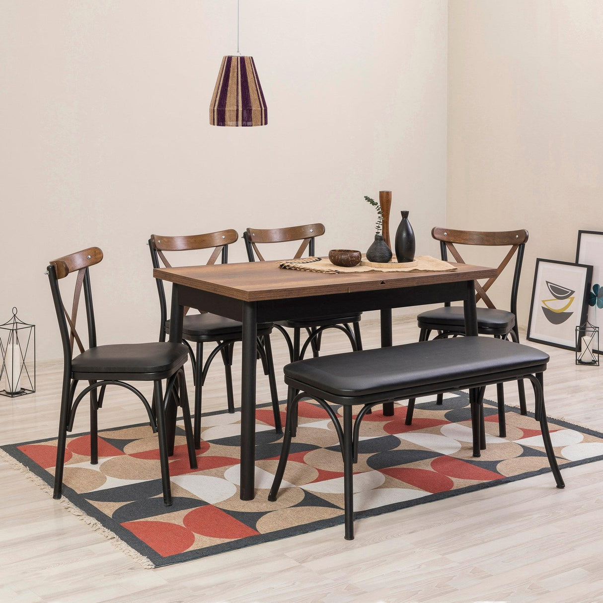 Set masă și scaune extensibile (6 bucăți) OLİVER AÇL.BAROK Extendable Dining Table & Chairs Set 1, Negru, 77x75x120 cm