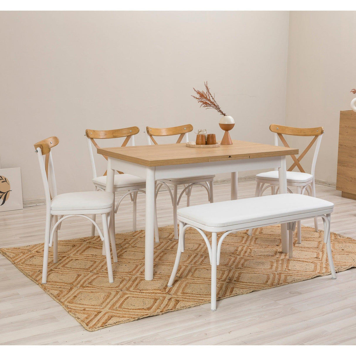 Set masă și scaune extensibile (6 bucăți) OLİVER AÇL.BAROK Extendable Dining Table & Chairs Set 2, Alb, 77x75x120 cm