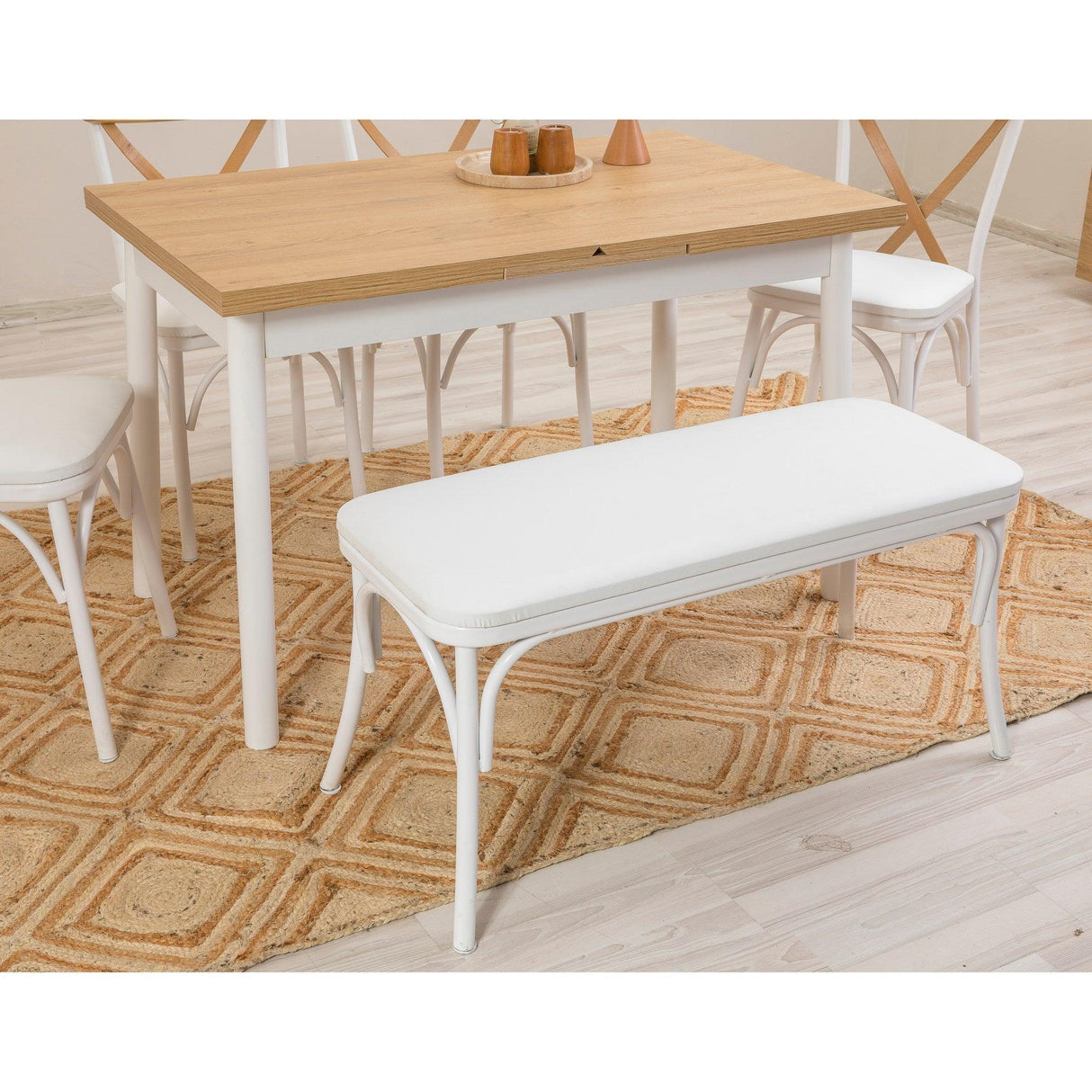 Set masă și scaune extensibile (6 bucăți) OLİVER AÇL.BAROK Extendable Dining Table & Chairs Set 2, Alb, 77x75x120 cm