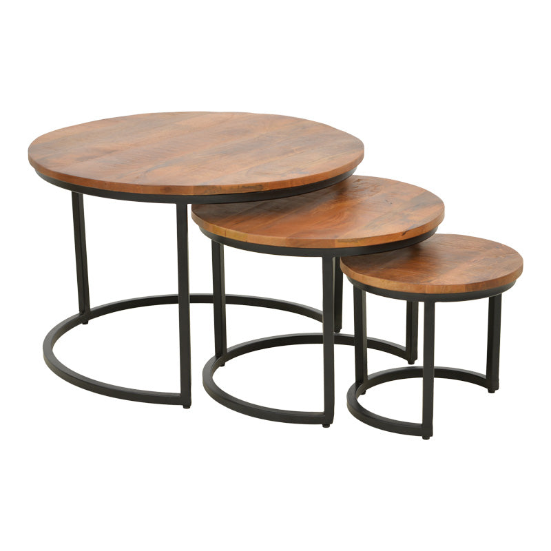 Set Masute de Cafea cu 3 Piese, Lemn de Mango și Picioare de metal, Nuanta Nuc, Diverse, 70x70x45 cm