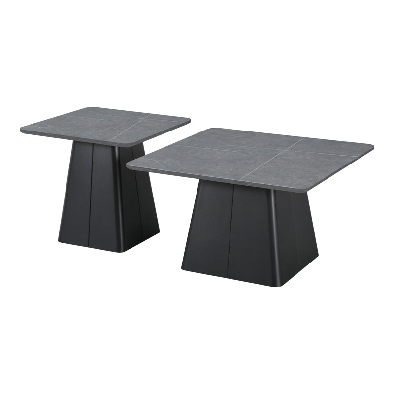 Set mese de cafea pătrate cu bază metalică, piatră sinterizată gri marmură, 2 piese, 80x80x40 cm