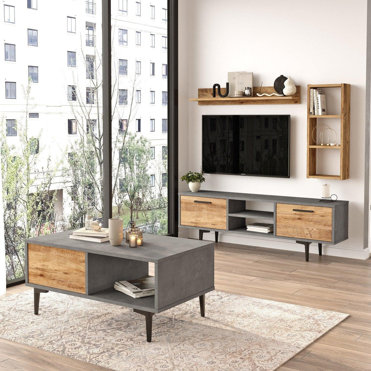 Set Mobila Sufragerie Anastasia, Gri - Stejar, 3 piese, Comoda Tv - Raft de Perete - Masuta de Cafea cm
