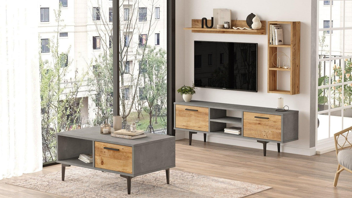 Set Mobila Sufragerie Anastasia, Gri - Stejar, 3 piese, Comoda Tv - Raft de Perete - Masuta de Cafea cm