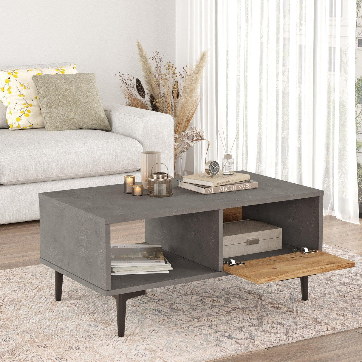 Set Mobila Sufragerie Anastasia, Gri - Stejar, 3 piese, Comoda Tv - Raft de Perete - Masuta de Cafea cm