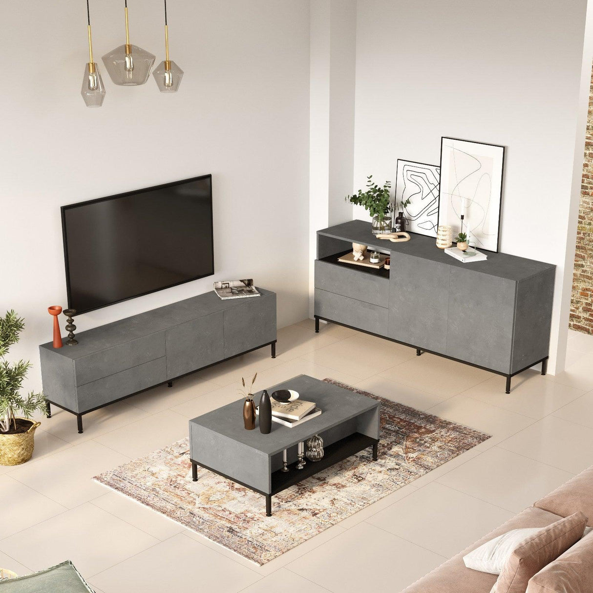Set Mobila Sufragerie Azad, Gri, 3 piese, Comoda Tv - Masuta de Cafea - Consola
