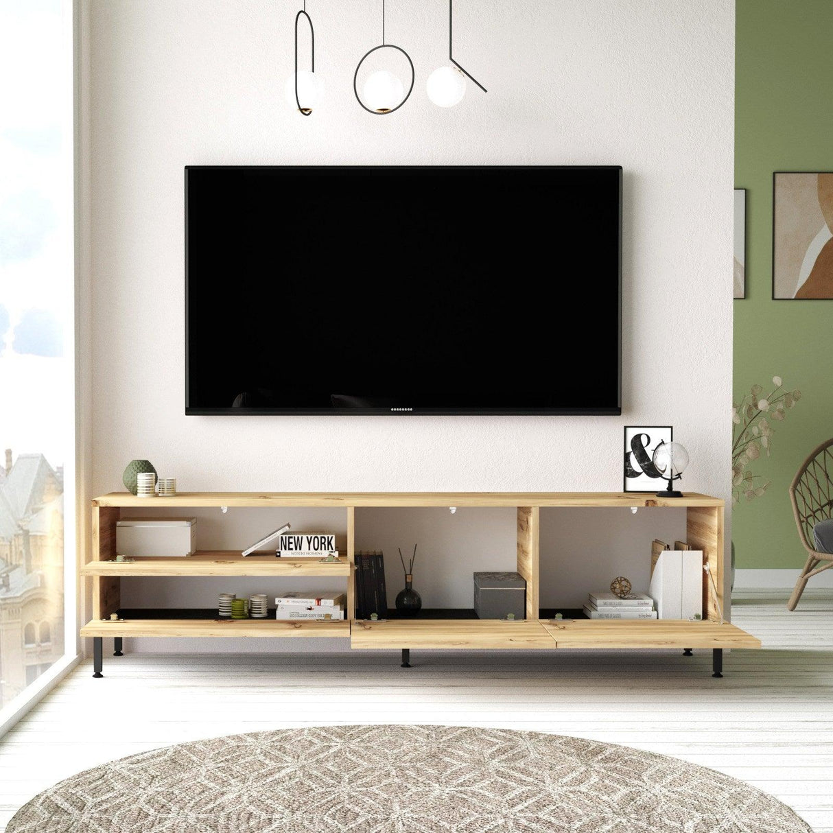 Set Mobila Sufragerie Cesaret , Stejar, 3 piese, Comoda Tv - Masuta de Cafea - Consola