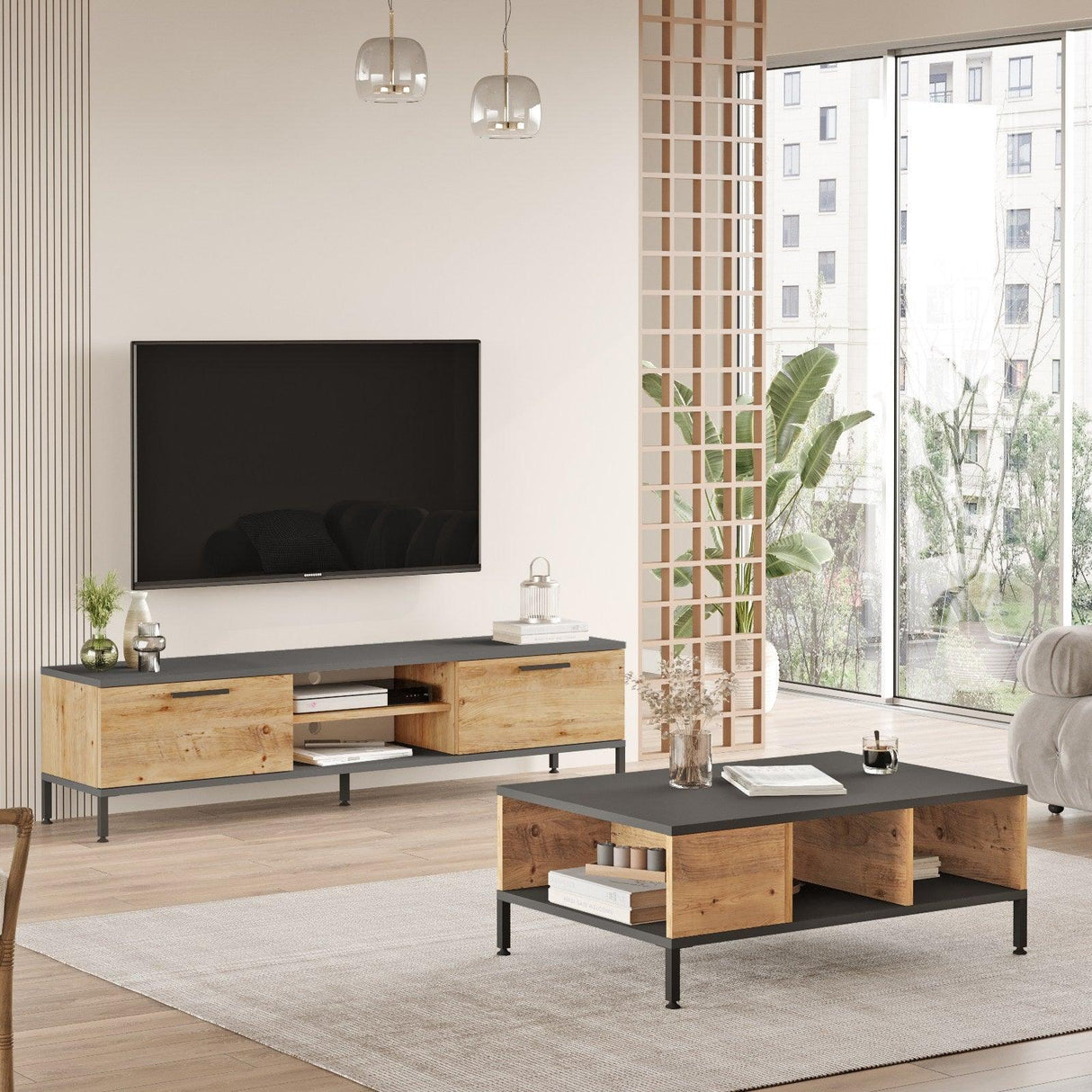 Set Mobila Sufragerie New York, Gri - Stejar, Comoda Tv si Masuta Sufragerie