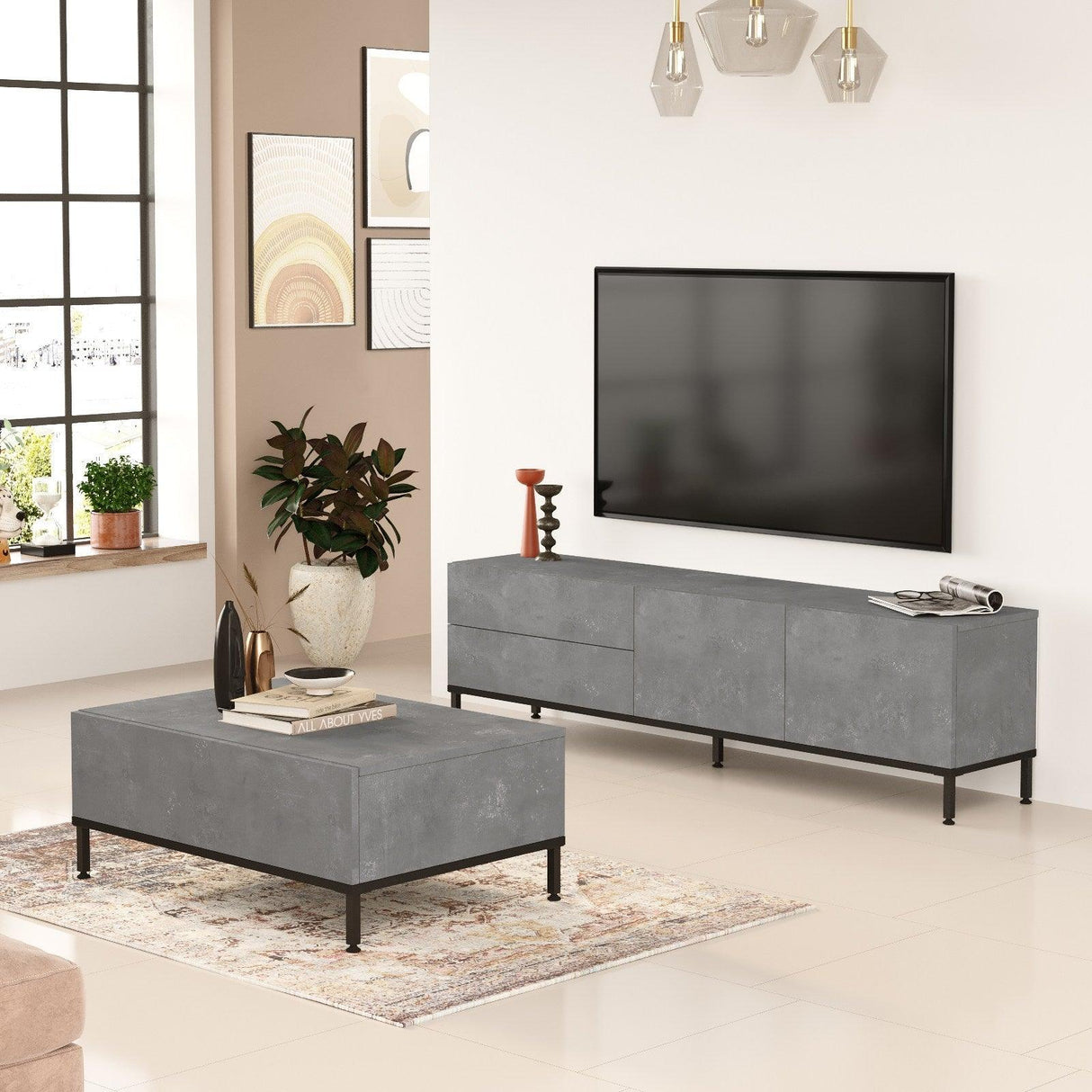 Set Mobila Sufragerie Oslo, Gri, 2 piese, Comoda Tv - Masuta de Cafea, 60x90x10 cm