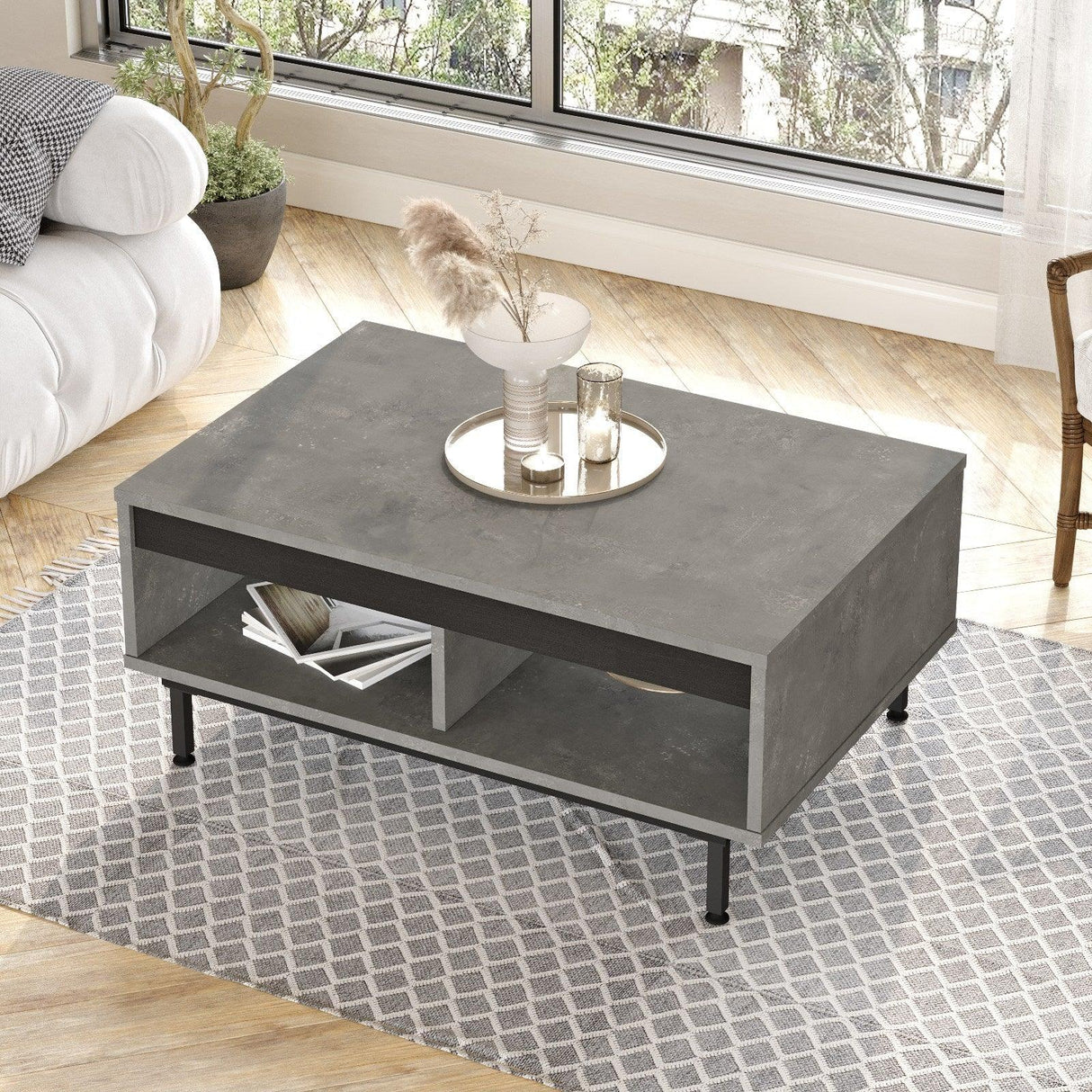 Set Mobila Sufragerie Ozlem, Gri, Comoda Tv - Consola - Masuta de Cafea