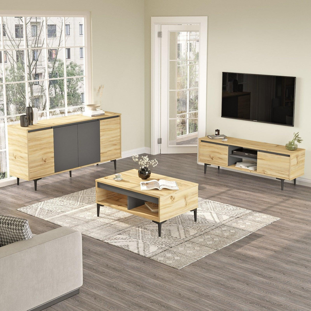 Set Mobila Sufragerie Zagreb, Gri - Nuc - Stejar, Consola - Comoda - Masuta de Cafea