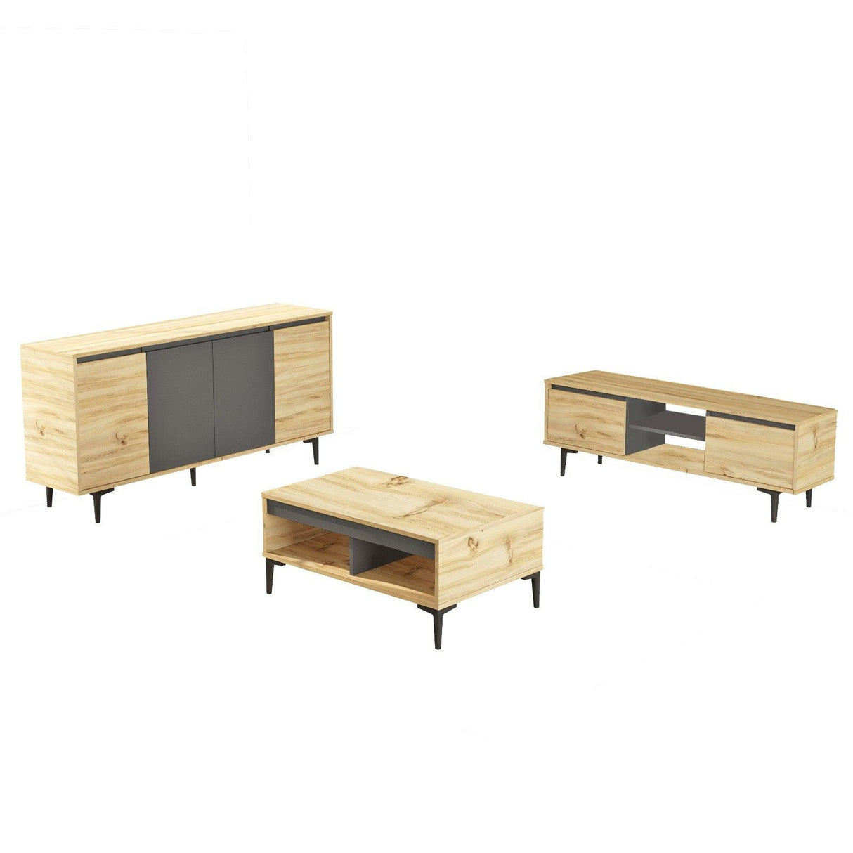 Set Mobila Sufragerie Zagreb, Gri - Nuc - Stejar, Consola - Comoda - Masuta de Cafea