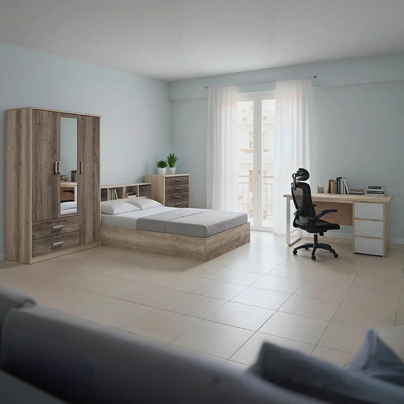 Set mobilier complet pentru studenti Intermission, lemn si metal, 5 piese cu scaun ergonomic, pat 90x200 cm + birou 120x60 cm + dulap 80x180 cm + noptiera 40x50 cm