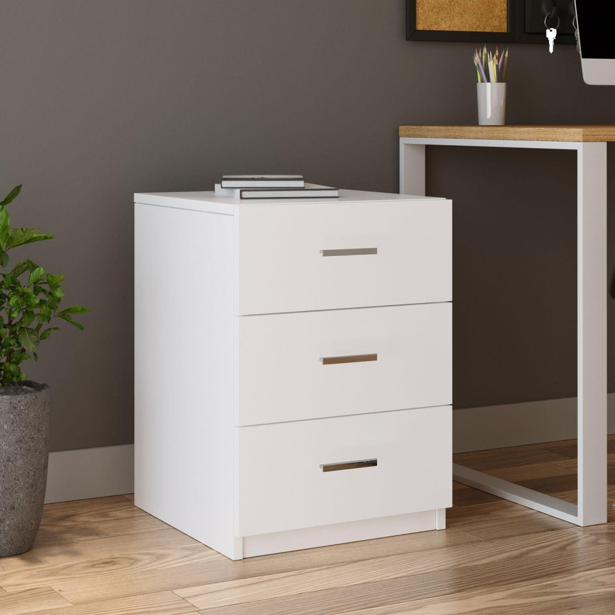 Set mobilier de birou Linta XL, 5 piese, Birou - Biblioteca - Consola - Masa - Rollbox, 140x60x74 cm - Alb