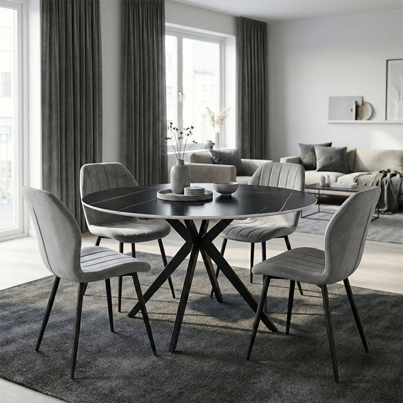 Set Mobilier Dining cu Scaune Gri Jelour și Masă Rotundă Neagră Orbital, Metal și Lemn, D120x H76, Set 5 Piese, 120x120x76 cm