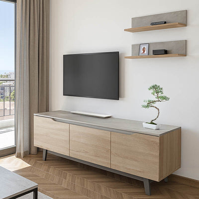 comoda TV Set mobilier living cu finisaj marmura bej Kasia, Lemn, 180x35x48 cm