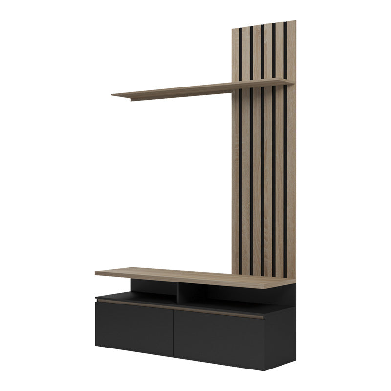Set mobilier living cu spatiu de depozitare Perlento, Lemn, Negru și Sonoma, 140x41x220 cm