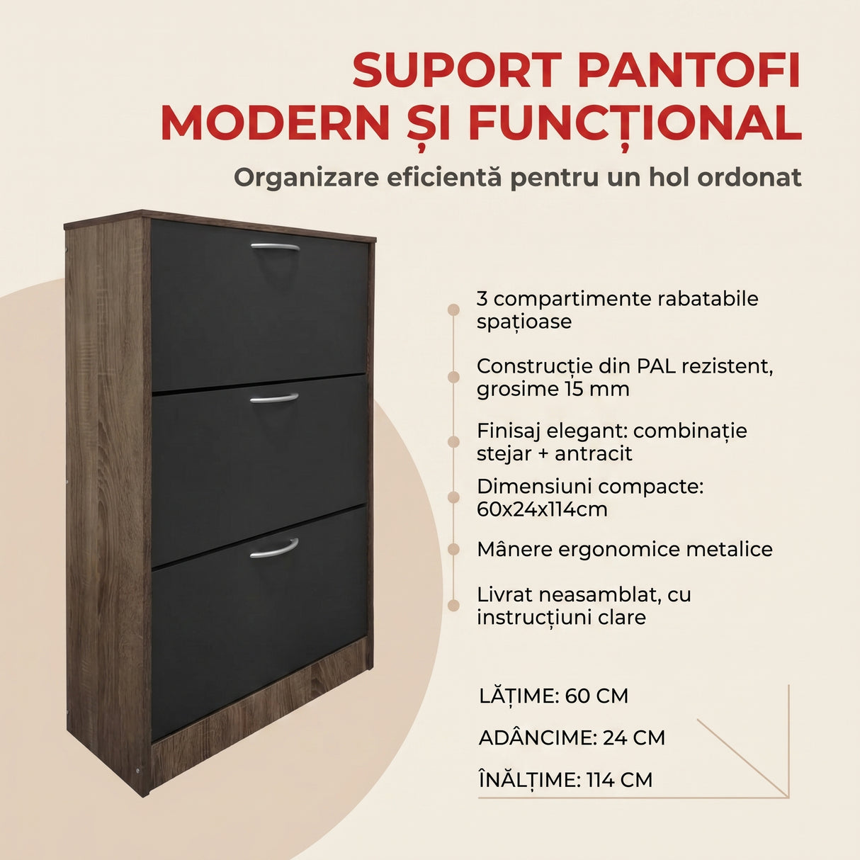 Suport pantofi cu functie depozitare Savaz, lemn stejar-antracit, 60x24x114 cm