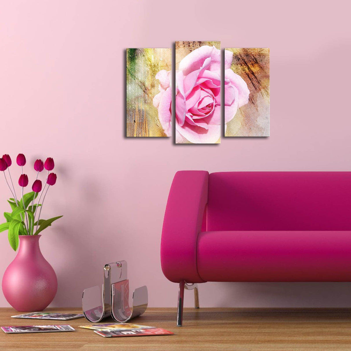 Tablou Canvas cu Led Trandafir Roz, Multicolor, 66 x 45 cm