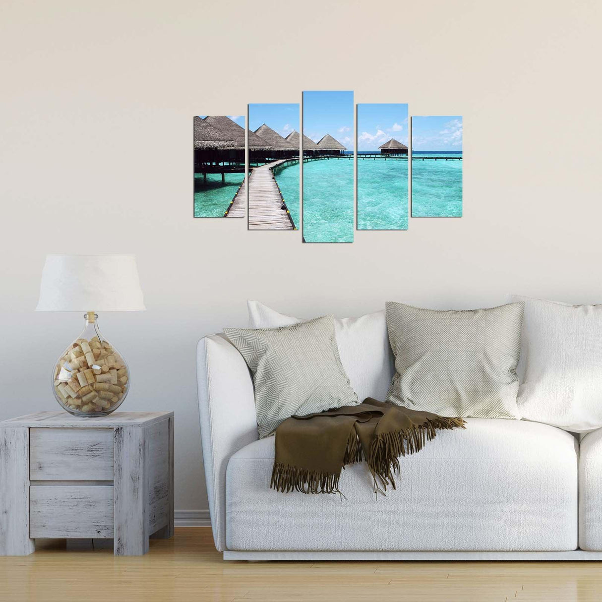 Tablou MDF ( 5 buc ) Maldive Apa Turcoaz, Multicolor, 60x110 cm