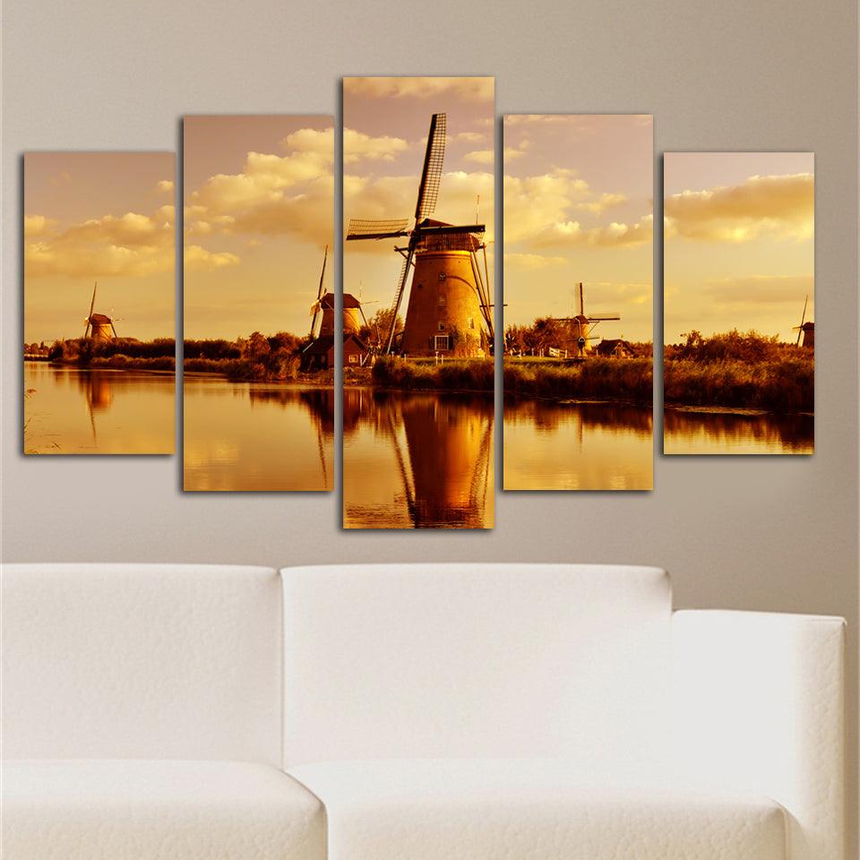 Tablou MDF ( 5 buc ) Moara de Vant Olanda, Multicolor, 60x110 cm