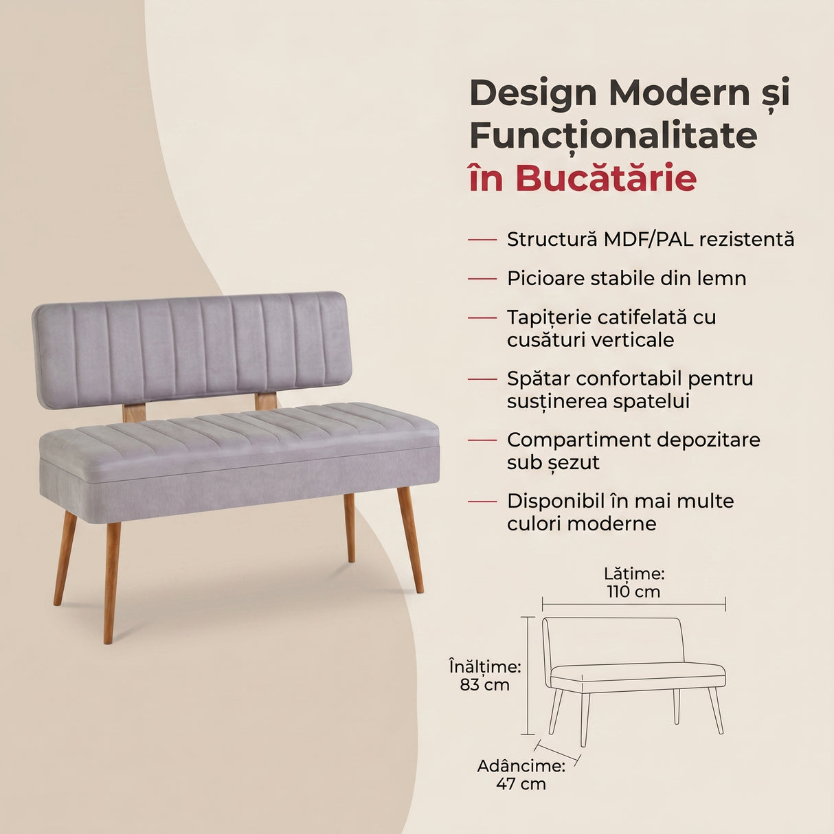 Taburet Banca Bucatarie Bench, 110x83x47 cm - Gri