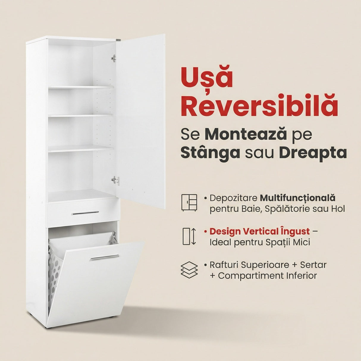 Dulap Baie cu cos de rufe Adore Diamond Maxi, Usa reversibila, Alb Lucios, 52x187x38 cm