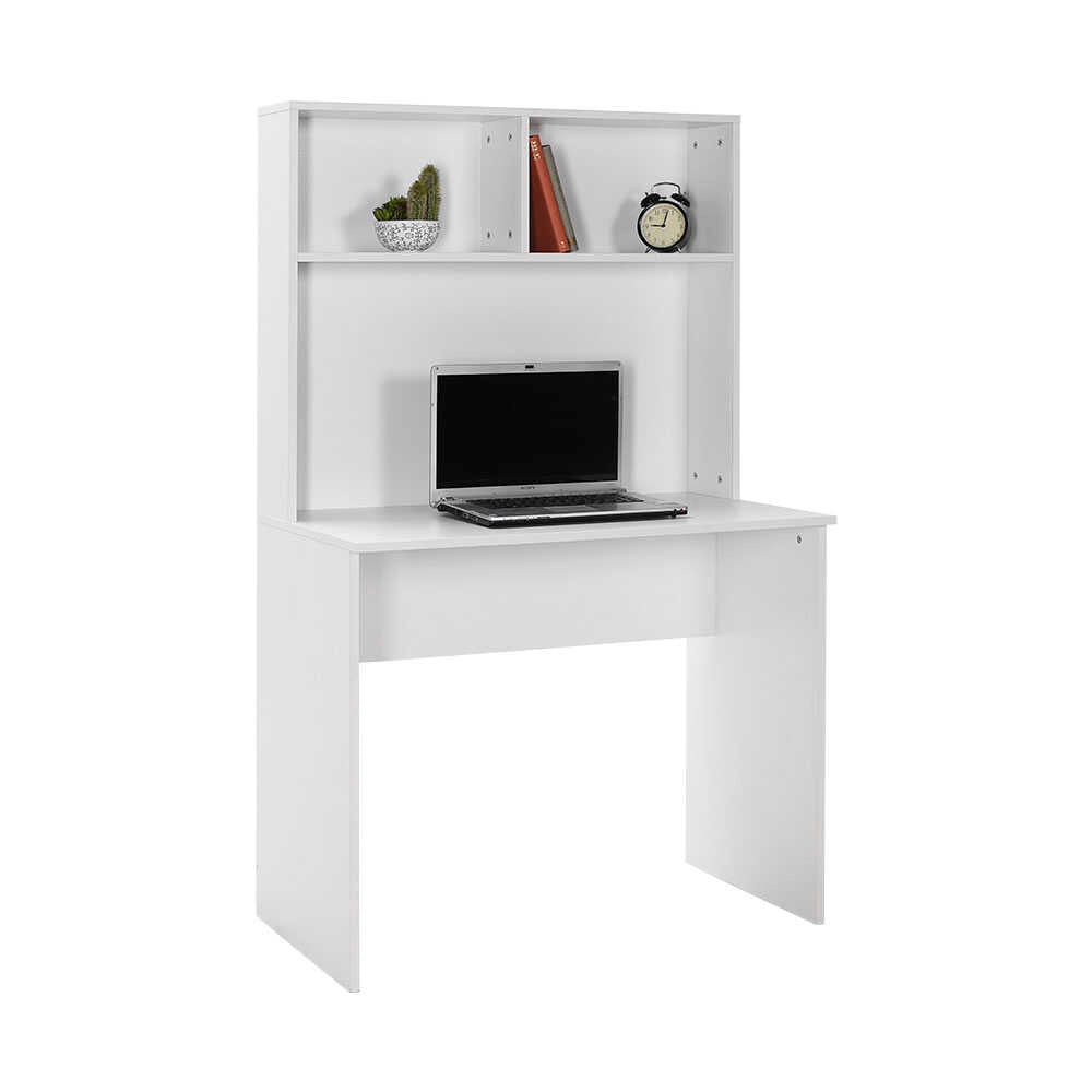 Birou Adore White cu biblioteca, Alb, 90x148x52 cm