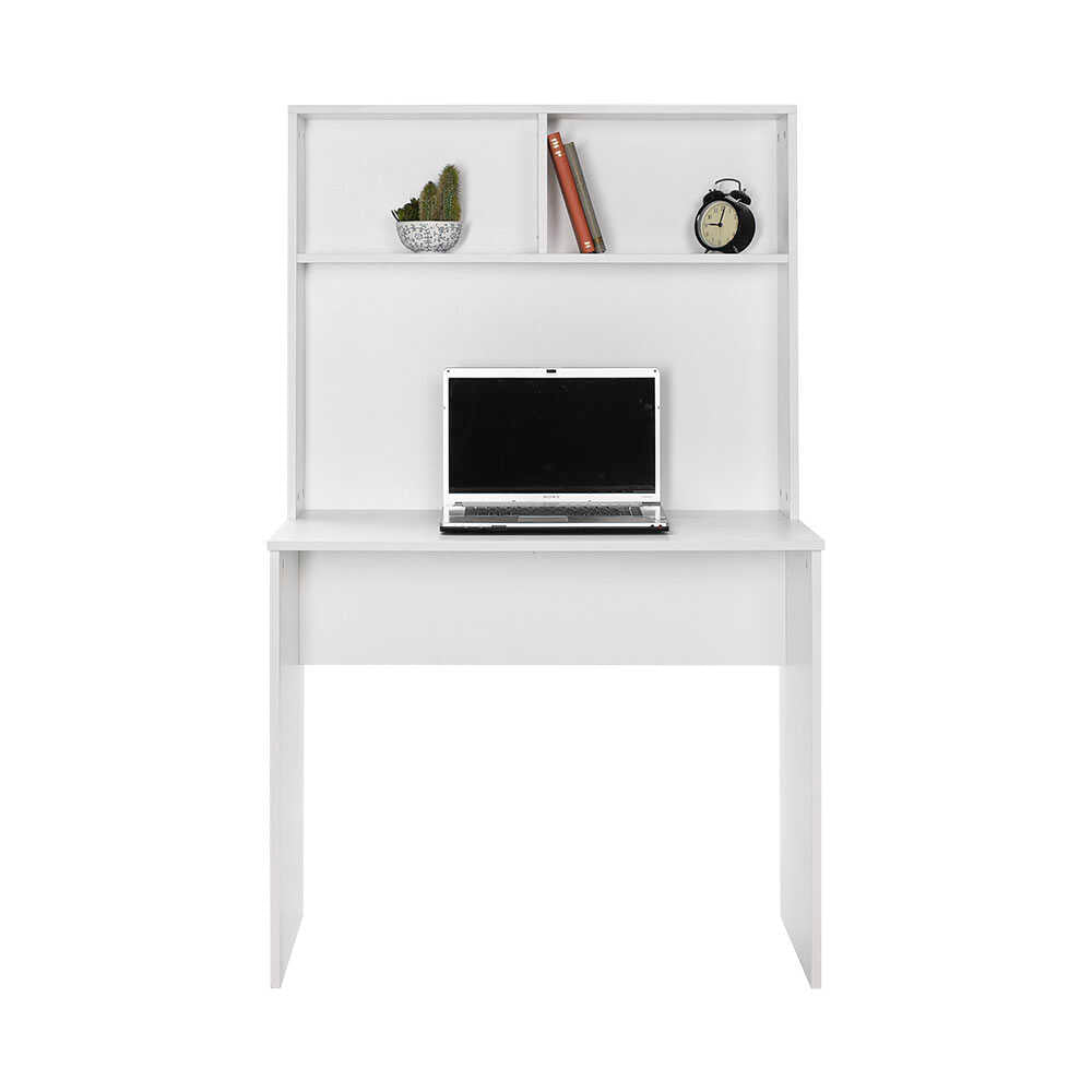 Birou Adore White cu biblioteca, Alb, 90x148x52 cm