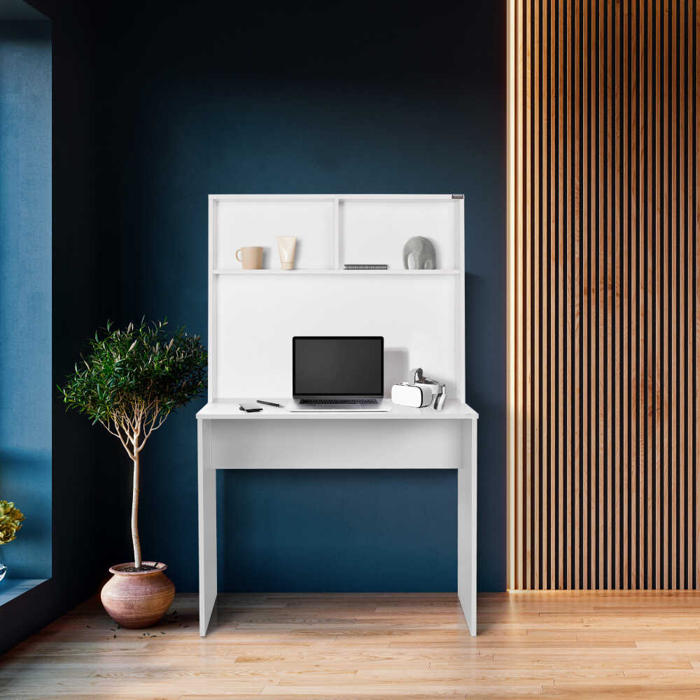 Birou Adore White cu biblioteca, Alb, 90x148x52 cm