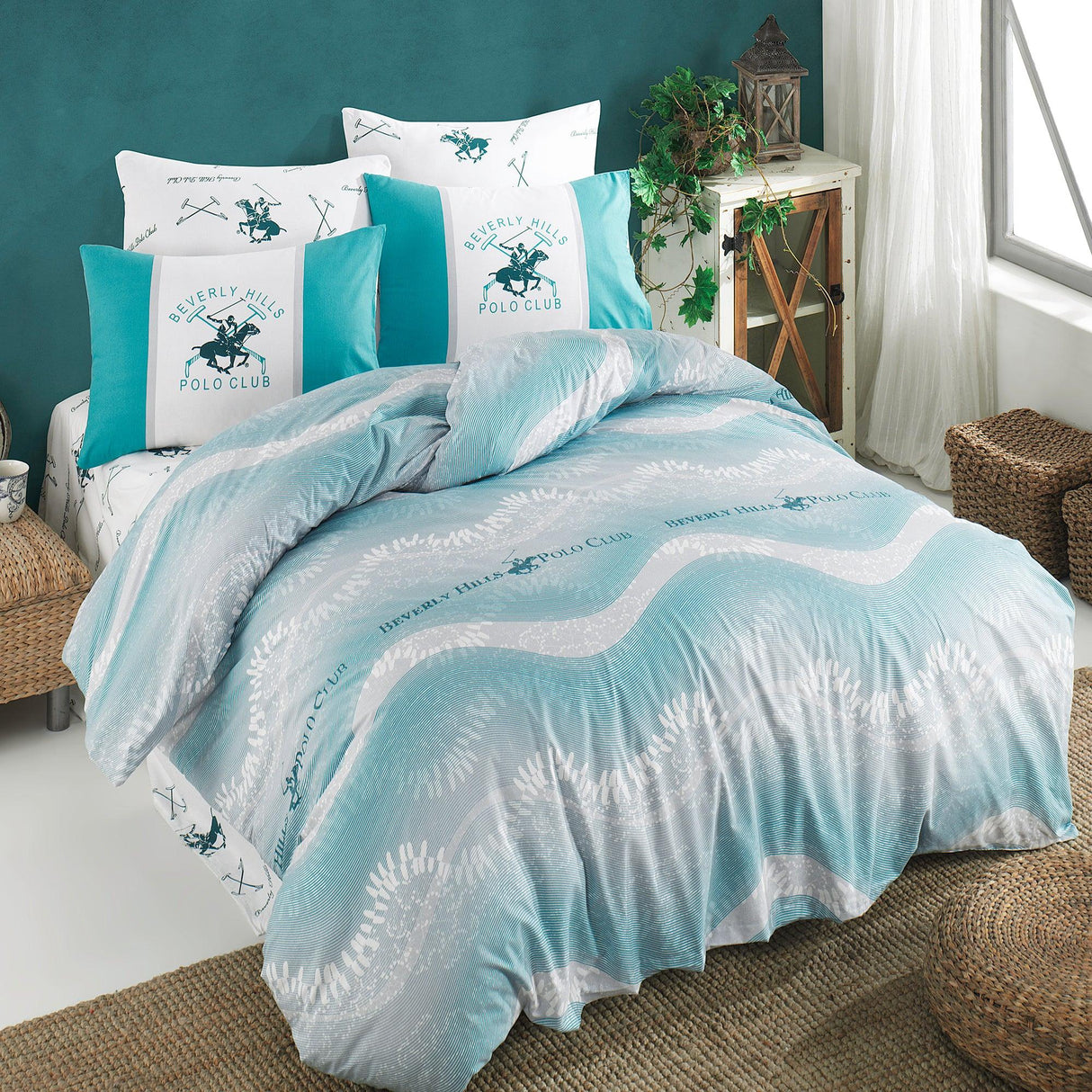 Set Lenjerie de pat double, Albastru, 220 x 200 cm,100% Bumbac Ranforce